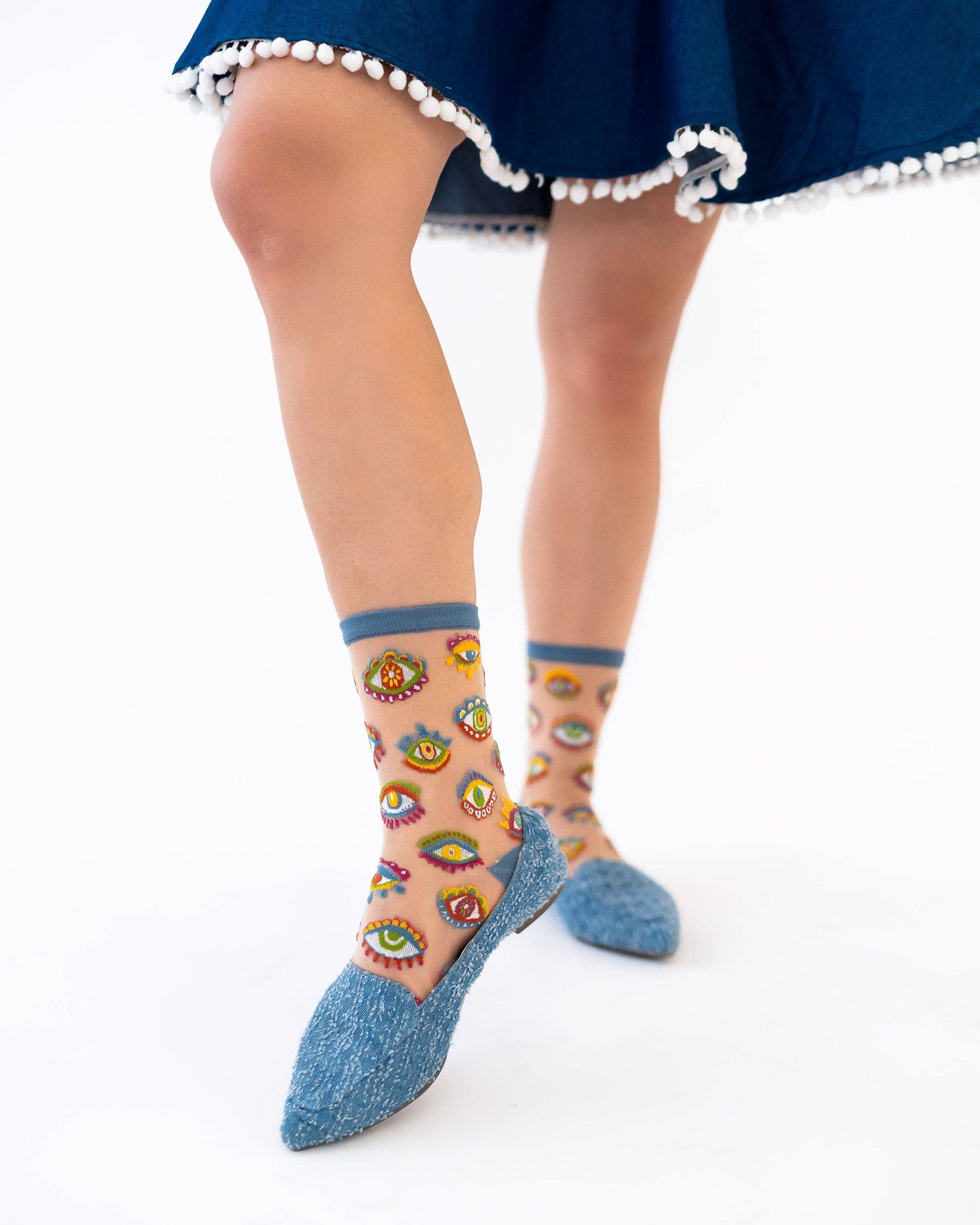 Evil Eye Sheer Crew Sock: Size II: Fits US W10-14/US M8-12