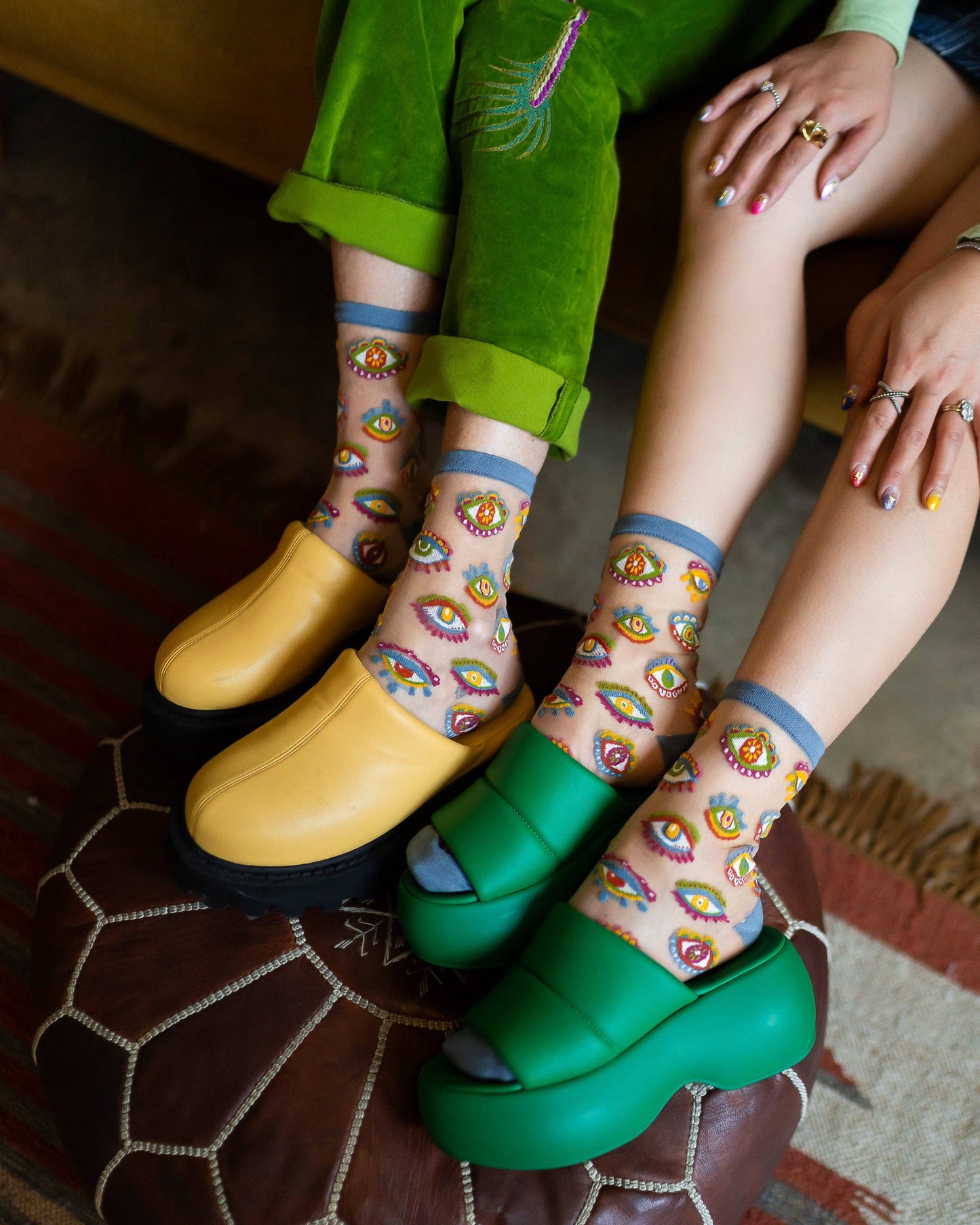 Evil Eye Sheer Crew Sock: Size II: Fits US W10-14/US M8-12