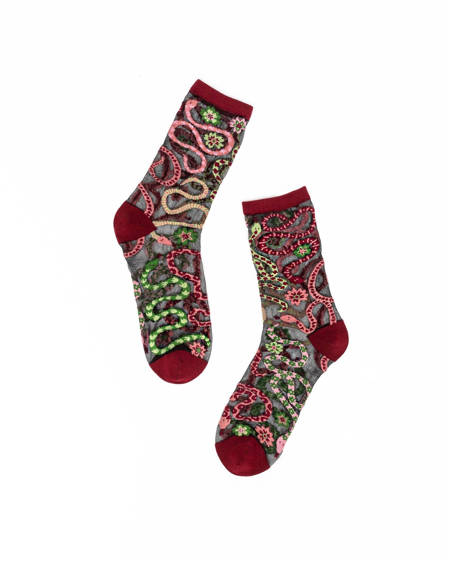 Serpentine Floral Black Sheer Crew Sock: Size II: Fits US W10-14/US M8-12